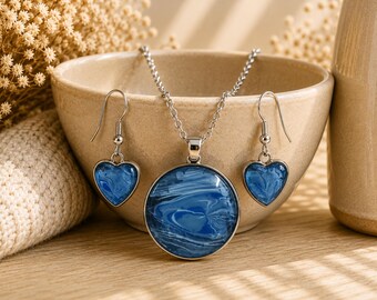 Ocean Blue Heart Necklace Earrings Set, Fluid Art Wearable Art Jewelry