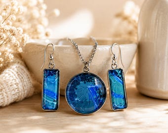 Handmade Blue Marbled Jewelry Set, Ocean Inspired Acrylic Pour Art Necklace Earrings