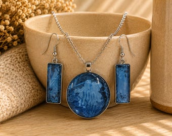 Handmade Blue Marbled Jewelry Set, Ocean Abstract Pendant Necklace, Rectangle Earrings