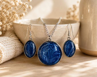 Handmade Ocean Marbled Acrylic Pour Jewelry Set, Blue Pendant Necklace and Earrings