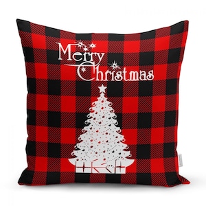 Plaid Christmas Pillow Cover, 43×43 cm (17×17 inches) Black Red Tartan Holiday Cushion,3D Print Zipper Decorative Throw Pillowcase