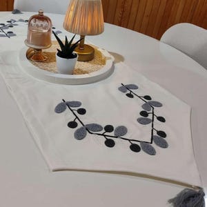 Punch Embroidered Linen Table Runner: Gray Turkish Table Decor with Tassels