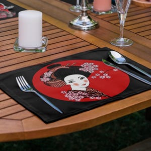 Set of 4 Japanese Style Placemats, Ethnic Art Design, Waterproof & Washable Table Mats 13.7&quot;x17.7&quot;, Handmade by SmettaHome