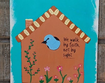 Whimsical Birdhouse original acrylic painting on reclaimed wood Bible scripture