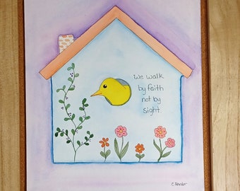 Birdhouse With Scripture original watercolor painting 12x14 framed