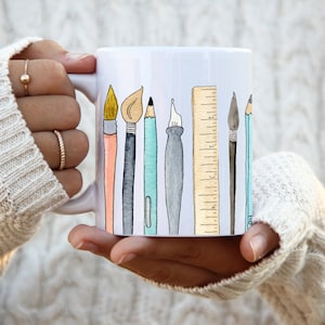 Art Tools in a Row coffee tea mug Artist mug art supplies ceramic mug 11 oz made to order teacher gift