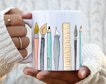 Art Tools in a Row coffee tea mug Artist mug art supplies ceramic mug 11 oz made to order teacher gift