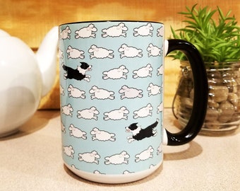 Border Collie Dog Mug with sheep 11 oz ceramic Made To Order white with black