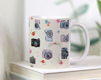 Camera Floral mug 11oz. white ceramic Made To Order