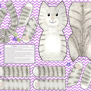 DIY Cut and Sew Gray Tabby Cat Doll fabric panel Craft Kit Fat Quarter cotton printed to order