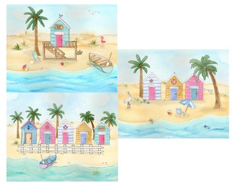 Beach scene watercolor prints 8x10 Choose One or All Three unframed wall art home decor MADE TO ORDER physical product