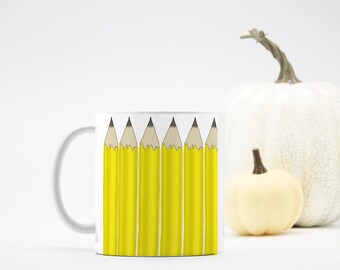 Yellow Pencils in a Row coffee tea mug Teacher mug Writer ceramic mug 11 oz MADE TO ORDER Back to School gift