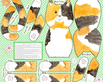 DIY Cut and Sew Calico Cat Doll fabric panel Craft Kit Fat Quarter cotton printed to order