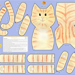 DIY Cut and Sew Orange Tabby Cat Doll fabric panel Craft Kit Fat Quarter cotton printed to order