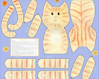 DIY Cut and Sew Orange Tabby Cat Doll fabric panel Craft Kit Fat Quarter cotton printed to order