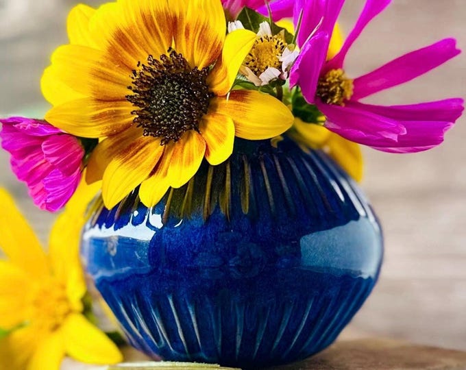 Handmade Blue Ceramic Bud Vase, Wheel Thrown and Hand Carved Pottery ...