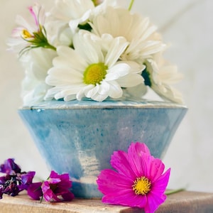 Handcrafted Blue and White Ceramic Bud Vase – Modern Wide Flower Vase, Wheel Thrown Pottery