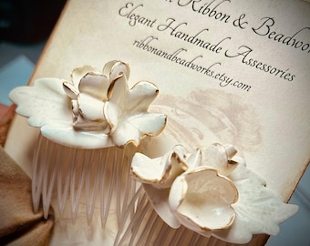 A Pair of Ceramic Floral Bridal Combs, 1950's Hand Painted, Elegant Vintage Wedding Hair Accessories
