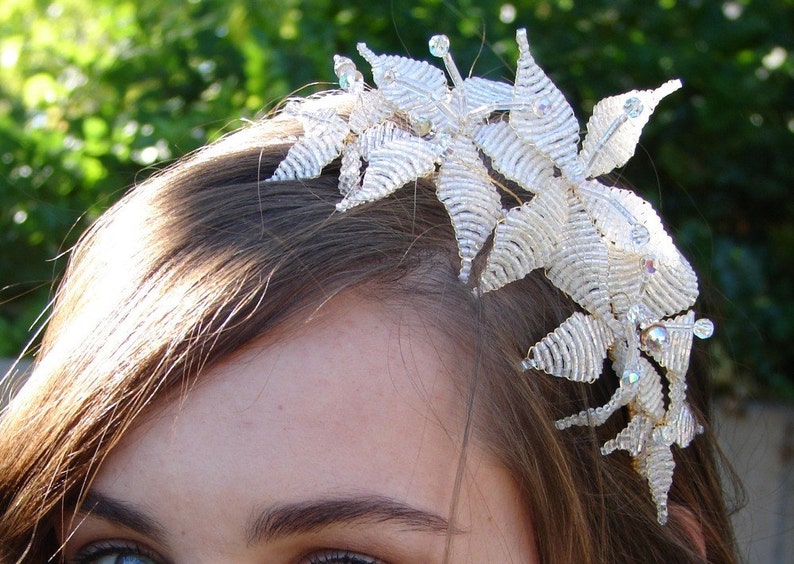 BRIDAL HEADBAND BEADED*Snow Lilies Wedding Tiara*Victorian Beaded Hair Accessory