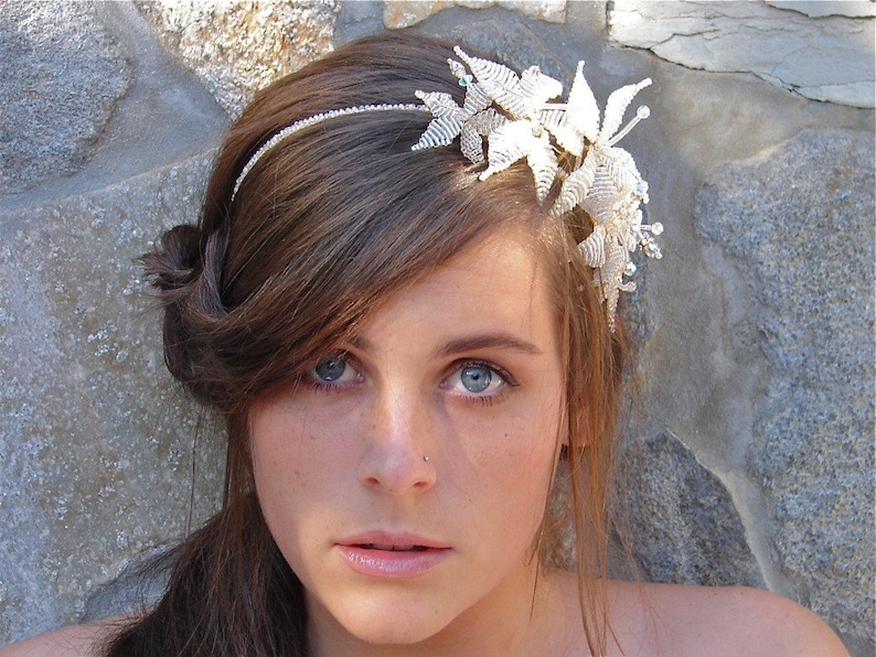 BRIDAL HEADBAND BEADED*Snow Lilies Wedding Tiara*Victorian Beaded Hair Accessory