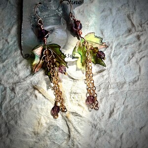 Olivine and Gold Maple Leaf Dangle Earrings, Amethyst and Green Bicone Crystal Drops, Copper Chain, Wire Work.