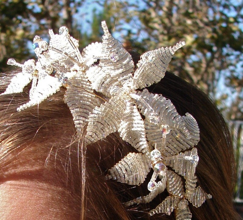 BRIDAL HEADBAND BEADED*Snow Lilies Wedding Tiara*Victorian Beaded Hair Accessory