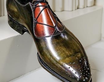 Handmade Green And Brown Patina Adelaide Oxford Shoes Medallion Toe