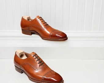 Men's Handmade Brown Leather Oxford Cap Toe Brogue Shoes for Men