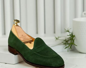 Mocasines de ante verde hechos a mano para hombre, estilo clásico italiano, sin cordones, suaves