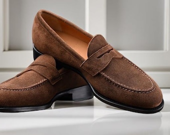 Men’s Handmade Brown Suede Penny Loafers Classic Slip On Dress Shoes
