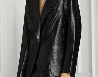 Women’s Black Crocodile Leather Blazer Handmade Genuine Leather Jacket