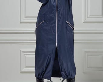 Women’s Handmade Long Hooded Raincoat, Navy Blue Waterproof Trench Coat