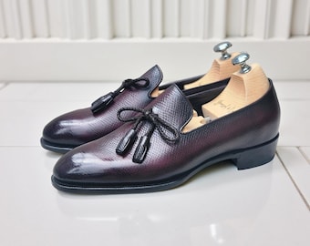 Men’s Handmade Burgundy Textured Leather Tassel Loafers, Slip-On Dress Shoes