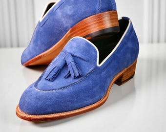 Mocasines de ante azul cielo con borlas para hombre, hechos a mano, clásicos, sin cordones, para vestir
