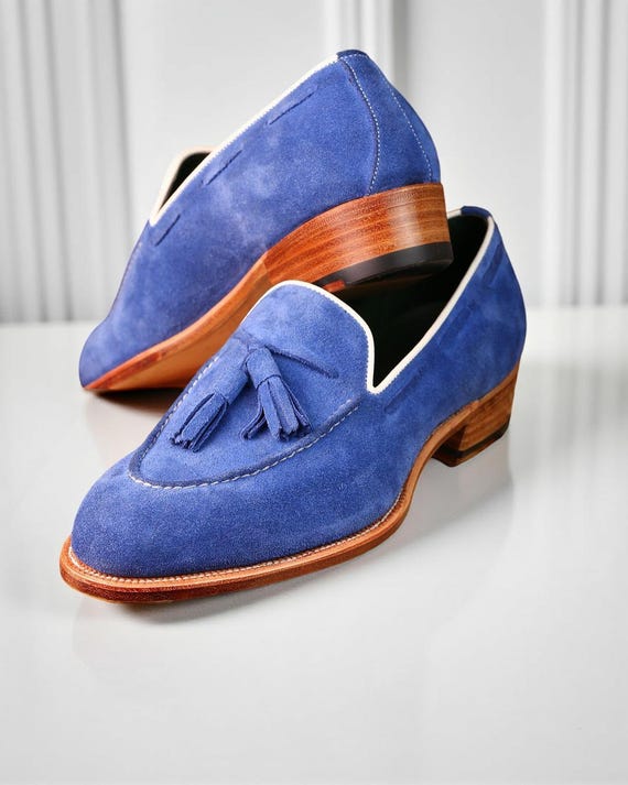 Men’s Handmade Sky Blue Suede Tassel Loafers Classic Slip On Dress Shoes