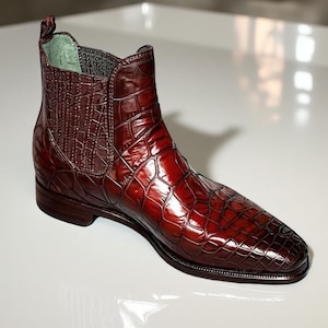 Italian Handmade crocodile plated leather Chelsea, Men&#39;s Luxury Leather Dress Boots, Formal & Casual Ankle Boots, leather sole shoes