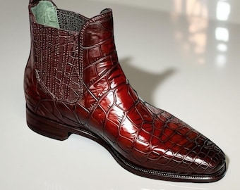 Handmade Crocodile Plated Leather Chelsea Boots: Men's Luxury Dress Shoes