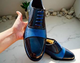 Zapatos Oxford de piel italiana con puntera, hechos a mano: zapatos de boda de dos tonos