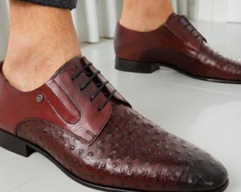 Men’s Handmade Ostrich Embossed Leather Derby Shoes