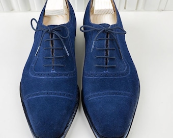 Handmade Blue Oxford Cap Toe Shoes for Men Genuine Suede Leather Dress Shoes