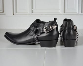 Men's Handmade Black Leather Ankle Cowboy Boots Western Harness Chain Biker Style