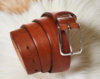 Men’s Brown Leather Belt Genuine Cowhide with Metal Buckle Handmade Casual Jeans Belt