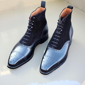Handmade Black Leather & Suede Lace-Up Long Boots | Men’s Tall Dress Boots | Luxury Formal Boots | Custom Leather designer Footwear