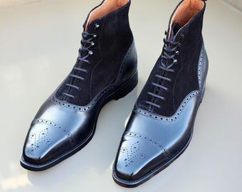 Handmade Black Leather & Suede Lace-Up Boots: Men's Luxury Formal Wear