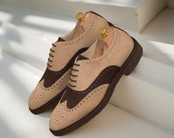 Handmade Suede Leather Brogue Shoes: Wingtip Oxford Dress Shoes