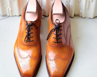 Men's Brown Oxford Wingtip Brogue Shoes Handmade Genuine Leather