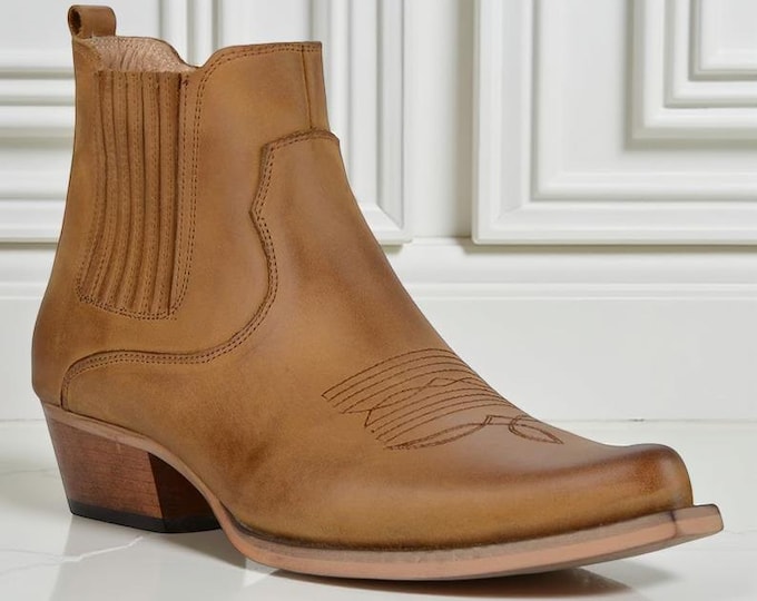 Handmade Tan Leather Cowboy Ankle Boots for Men | Western Style by