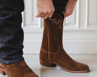 Handmade Brown Suede Cowboy Boots for Men Vintage Rodeo Style Footwear