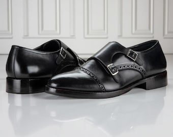Men’s Handmade Black Double Monk Strap Brogue Shoes Cap Toe Leather Dress Shoes