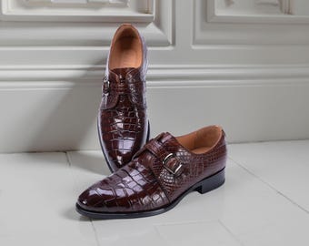 Handmade Burgundy Crocodile-Embossed Single Monk Strap Derby Style for Men